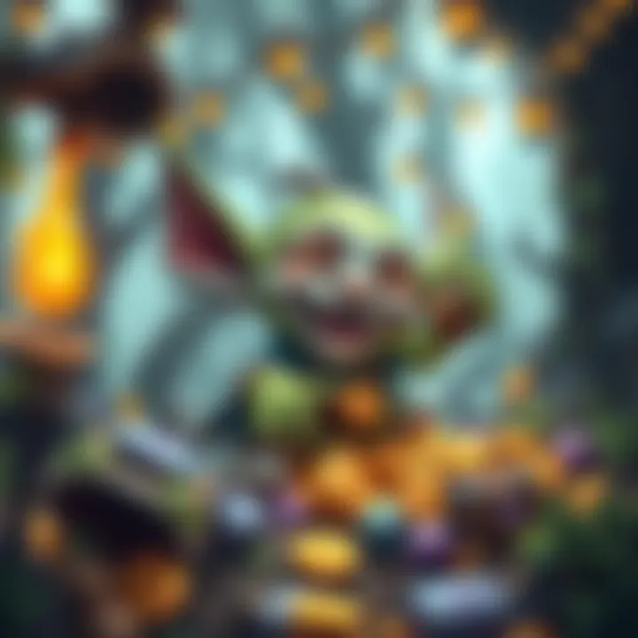A cartoon-style character, resembling a goblin, joyfully gathering gold coins and colorful items in a magical forest setting
