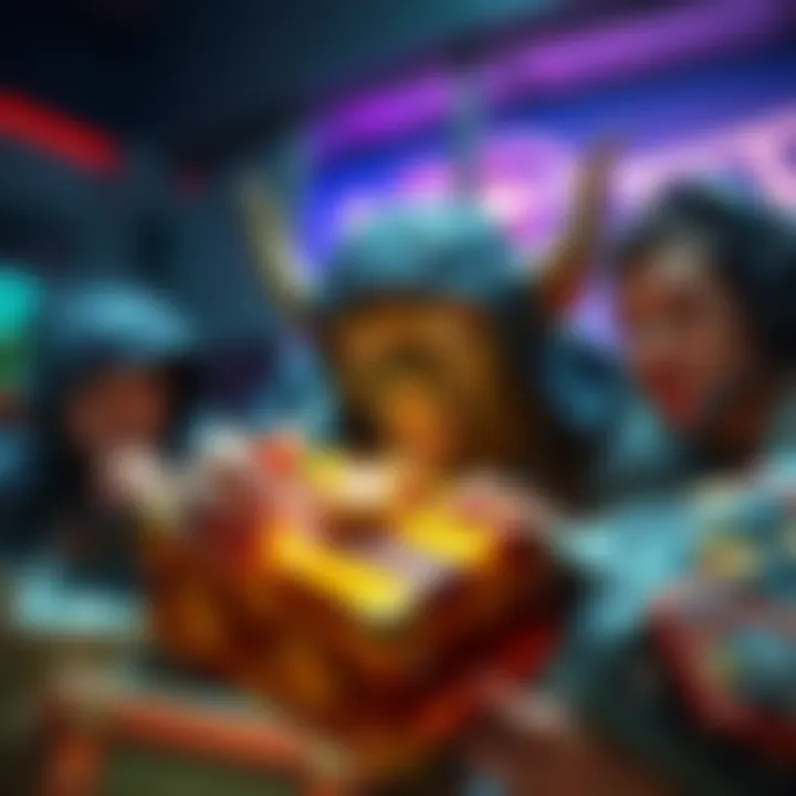 A gamer hoarding virtual loot while teammates look on with mixed expressions, showcasing resource gathering in gaming.