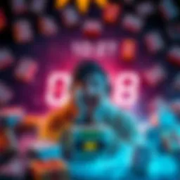 Loot Boxes and Legendary Skins A gamer frustrated with the long wait for loot boxes, surrounded by empty loot box icons and a timer showing hours passing.