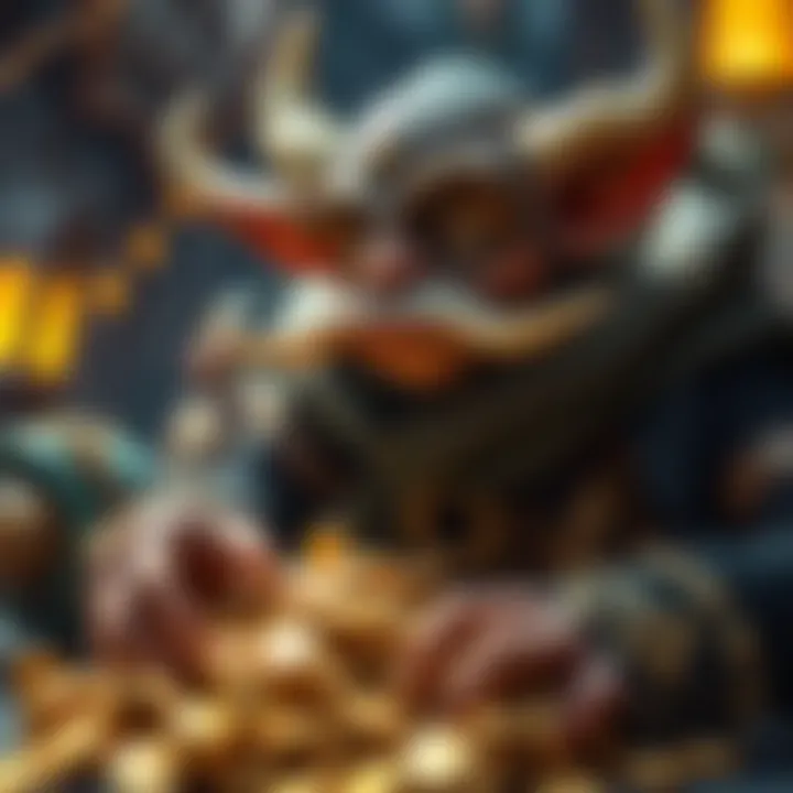 A gamer with a playful expression, collecting treasures in a fantasy setting, surrounded by gold coins and loot items.