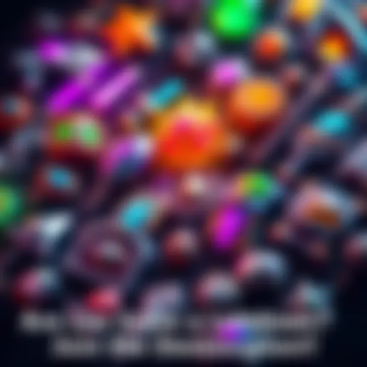 A collection of colorful and diverse loot icons from a video game, showcasing various items such as weapons and armor, highlighting their visual appeal and design