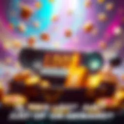 Loot in a video game A screenshot of in-game loot with shiny prizes and currency icons, showcasing various rewards on a colorful background.