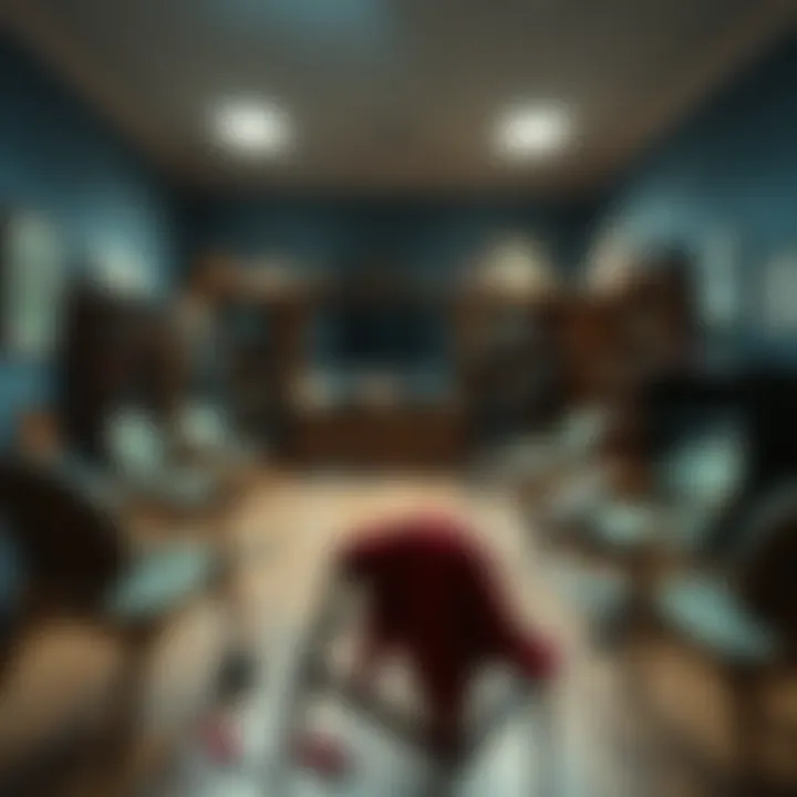 A view of an empty room with scattered belongings, looking disheveled after a theft. Chairs are overturned and items are missing from shelves.