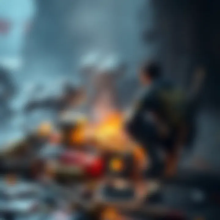 A player character crouching near a pile of duplicated items in a game world, looking cautiously at the loot.