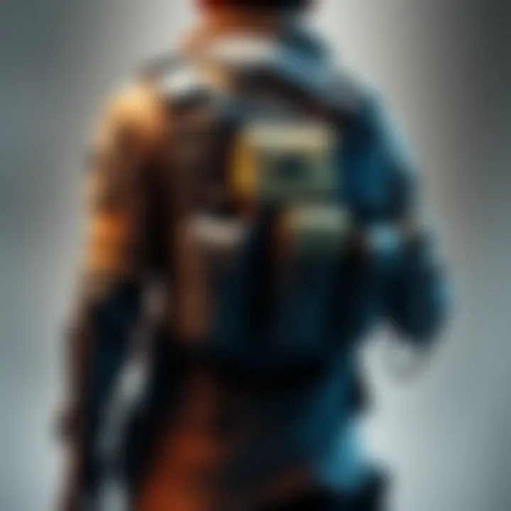 A character wearing the Looting Mk. 3 augment, showing enhanced armor against rear attacks with visible pockets for gear storage.