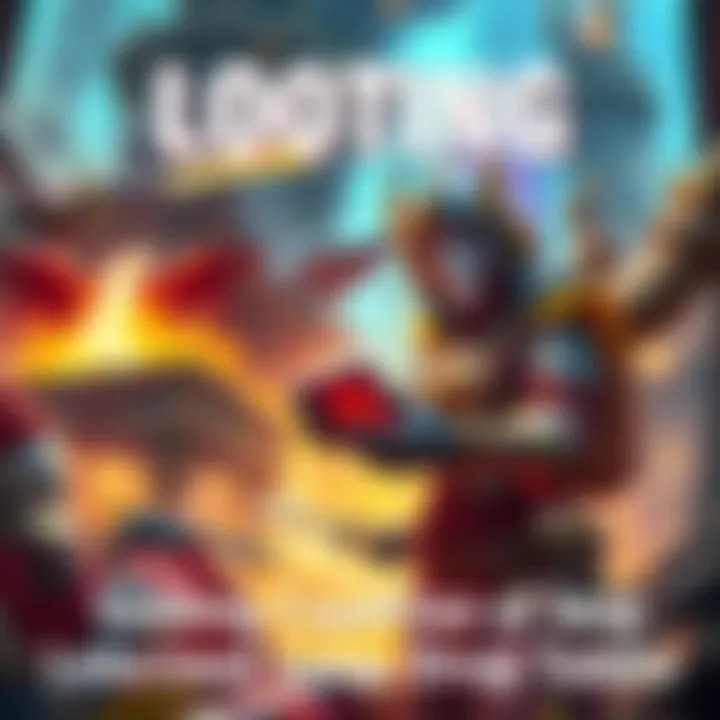 Looting in Video Games A character in a colorful fantasy world collecting loot from defeated enemies, showing various items like weapons and armor, with a vibrant game background.