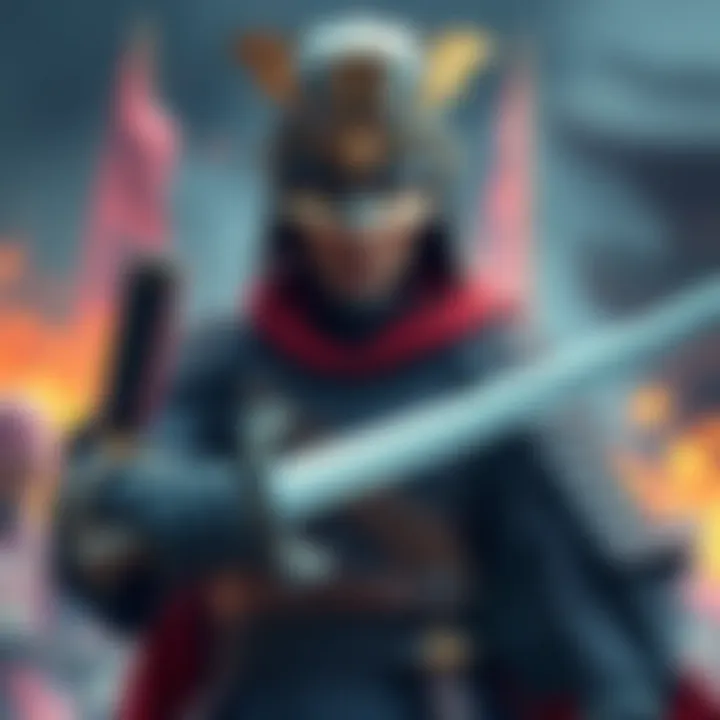 Lord Shimura in battle armor A warrior in traditional Japanese armor stands proudly, sword drawn, ready for battle against Mongol invaders.