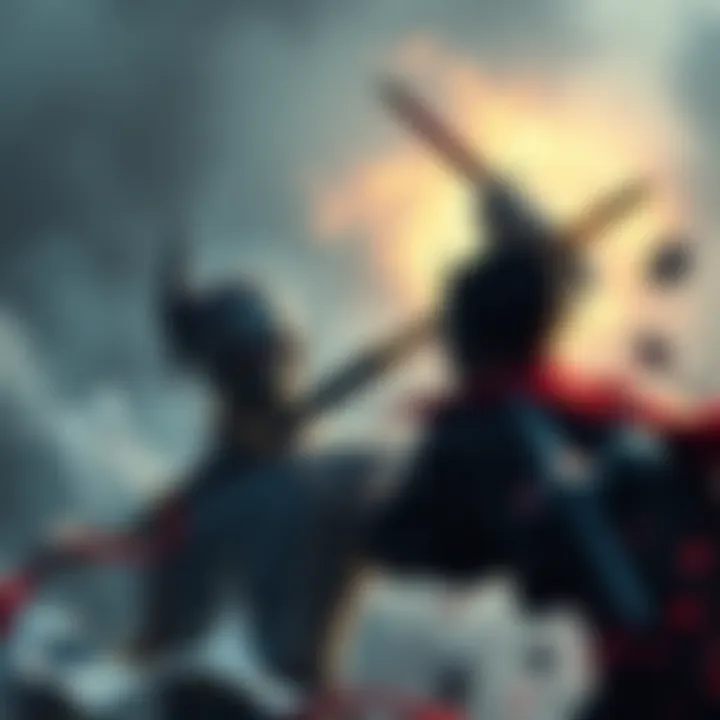 Lord Shimura stands in a battle-ready stance, sword raised, facing an enemy in a tense moment signaling betrayal