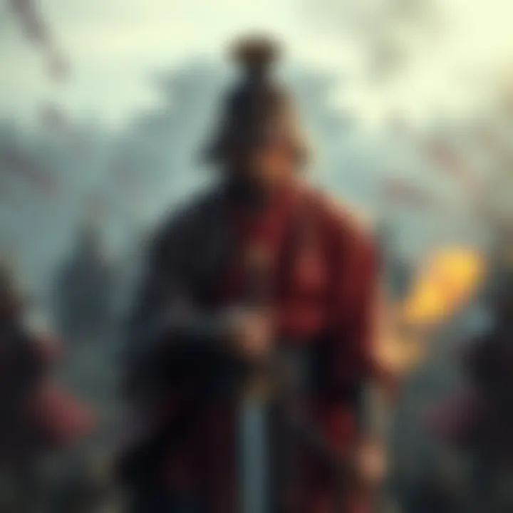 Lord Shimura stands in a traditional samurai outfit, looking sorrowful as he holds a katana. The background shows a blurred battlefield, symbolizing the betrayal he feels from his adopted son.