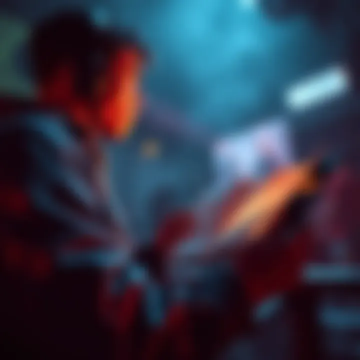 A gamer reading optional lore text in a dark, atmospheric game setting, featuring elements from titles like Outlast and Mass Effect.