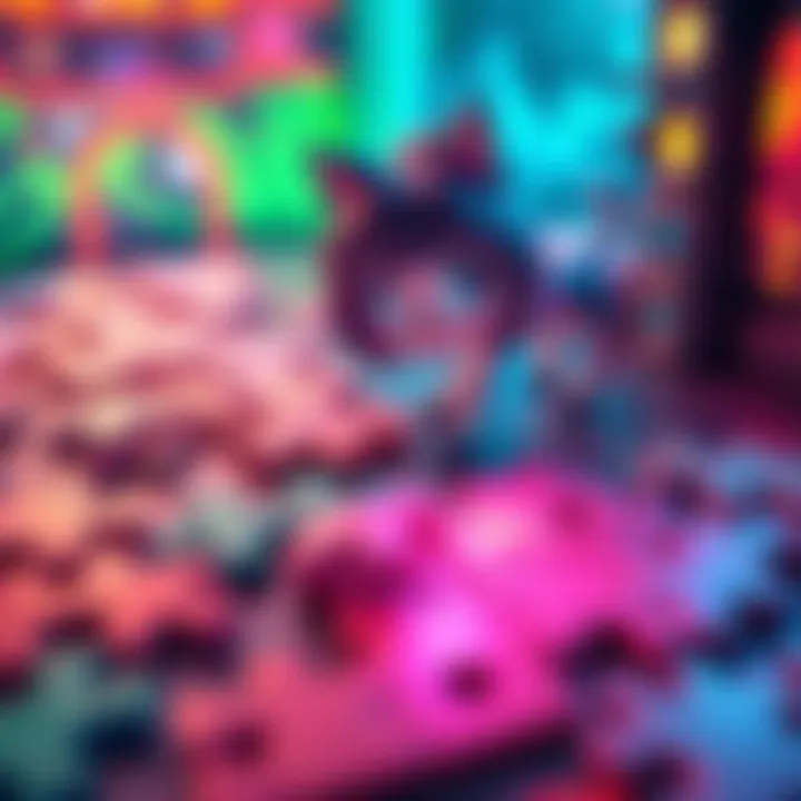 Colorful game interface with puzzles A bright and colorful game interface showing various puzzle pieces laid out, featuring the character Lorelei with glowing eyes, engaging with the puzzles.