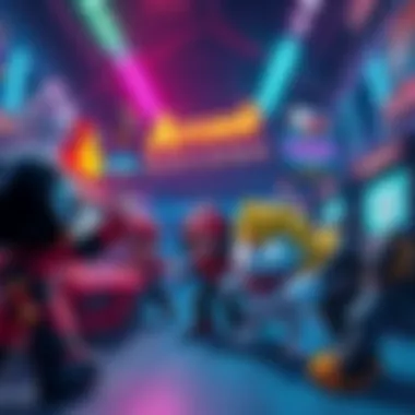 A vibrant scene from Lorenzini Arcade featuring colorful game characters with a dramatic atmosphere, highlighting the excitement for a boss battle.