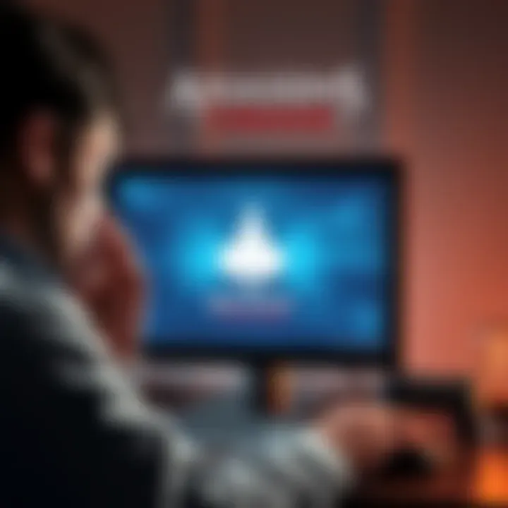A gamer looks frustrated while trying to recover lost game progress in Assassin's Creed II, with a computer screen showing the game and a cloud sync icon