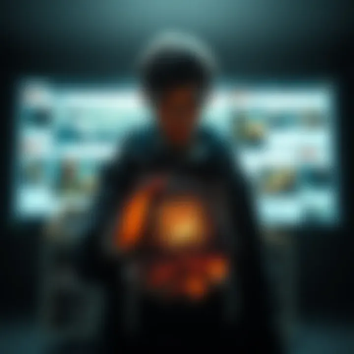 A person holding a shadowy artifact with a concerned expression, surrounded by a digital screen showing community posts about lost items.