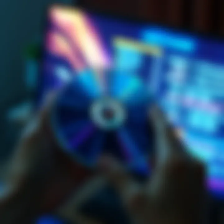 A person holds a physical game disc with a console and digital save data on a screen, showing the shift from physical to digital gaming.