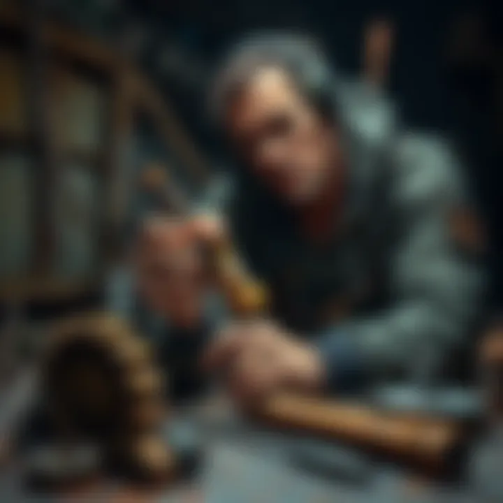 A player holding a broken hull cracker in one hand, looking sad while examining tools on a workbench, including a rusted gear and a sentinel driver.