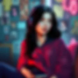 Nora reflecting on her teenage memories surrounded by colorful visuals representing youth and emotions