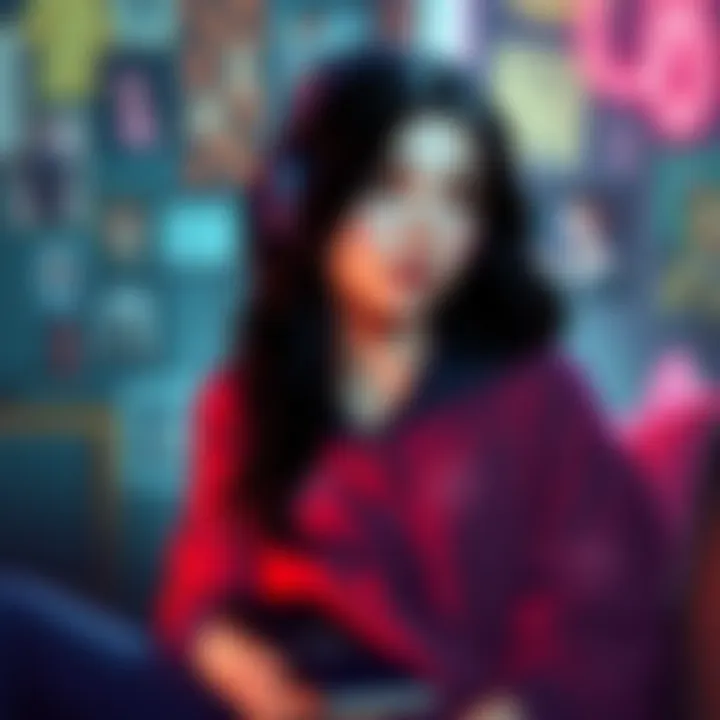 Nora reflecting on her teenage memories surrounded by colorful visuals representing youth and emotions