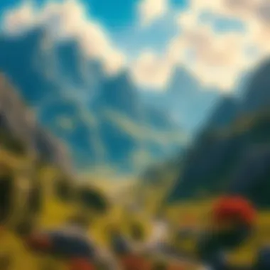 A vibrant digital render showcasing the detailed scenery of Lost Valley, featuring mountains and lush greenery, created in Blender.