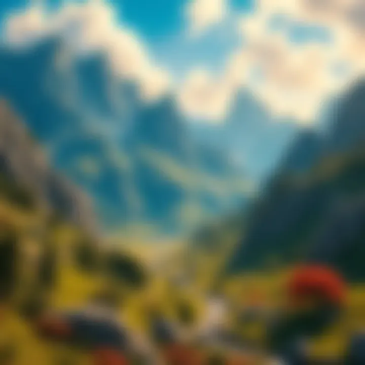 A vibrant digital render showcasing the detailed scenery of Lost Valley, featuring mountains and lush greenery, created in Blender.
