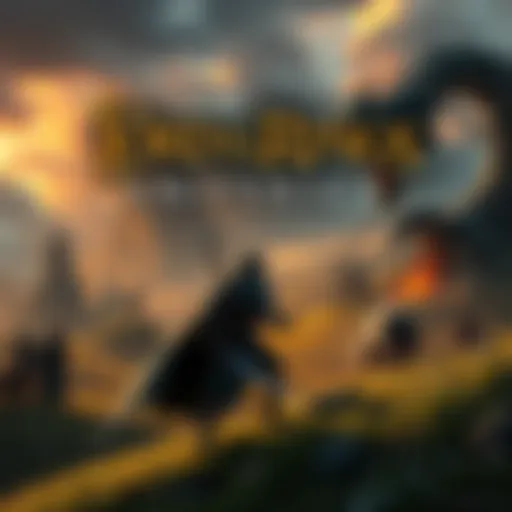Artwork showing fantasy landscape with iconic characters and creatures from Lord of the Rings, featuring a hero ready for adventure
