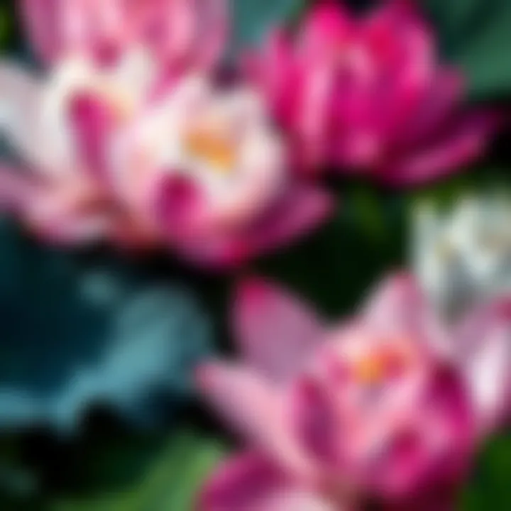 A close-up of vibrant lotus flowers in shades of pink, white, and blue, showcasing their natural beauty