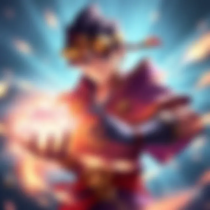 A QOP character holding a Lotus item, surrounded by magical energy, ready for battle in the Grand Finals setting.