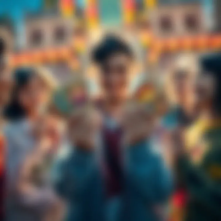 A colorful display of Jinymon cards held in the hands of a smiling person surrounded by friends enjoying the card collection.