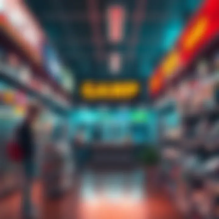 A vibrant game shop with colorful shelves and loud sound effects creating an exciting atmosphere