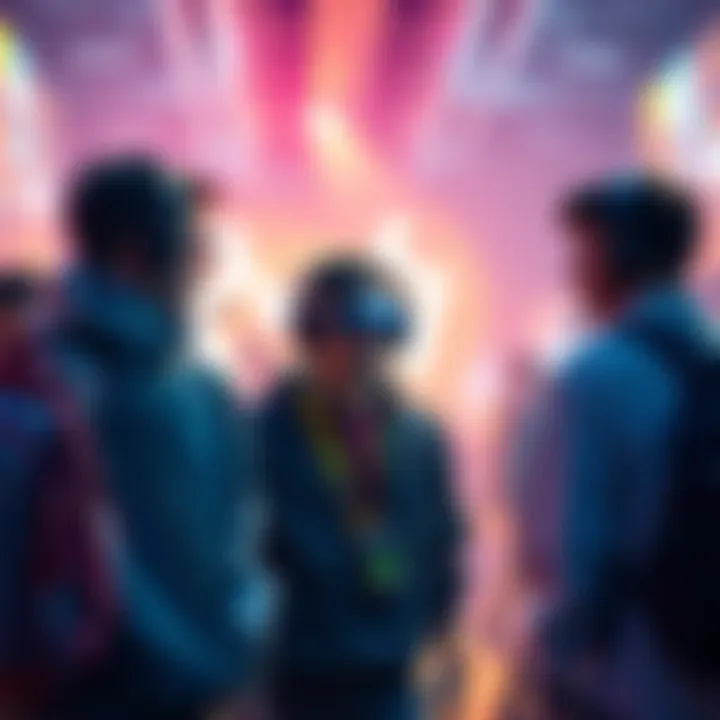 A loud gamer enters a game area confidently, showing off their gear while other players look on surprised, capturing the moment of tension and strategy.