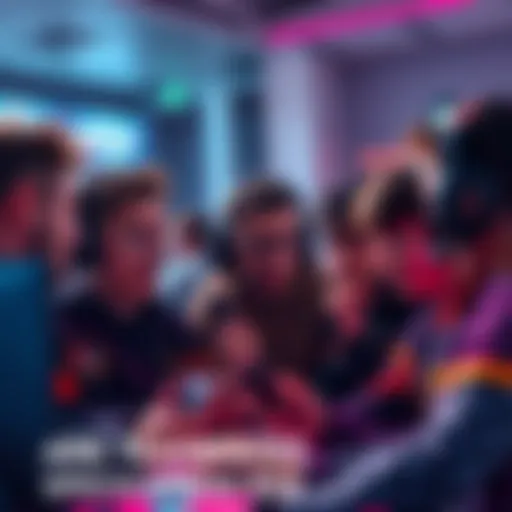 A group of gamers discussing team changes in a lively setting, with expressions of concern and curiosity