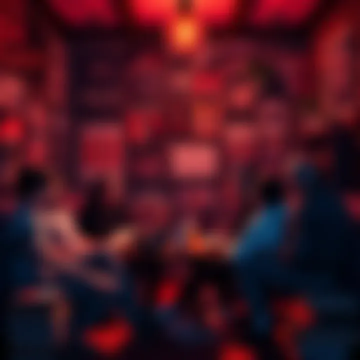 A group of people discussing their fascination with killers in a cozy setting, surrounded by posters and books on true crime themes.