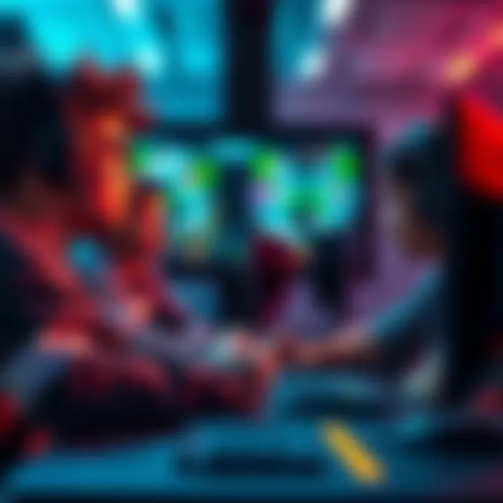 Low Elo Players Reflecting on Gaming A group of low elo players watching their gameplay on a screen, discussing strategies and mistakes. They appear focused and engaged in self-improvement.