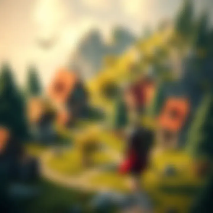 Low-Poly Medieval Village Scene A low-poly medieval village with simple houses, trees, and a character in armor exploring the area.