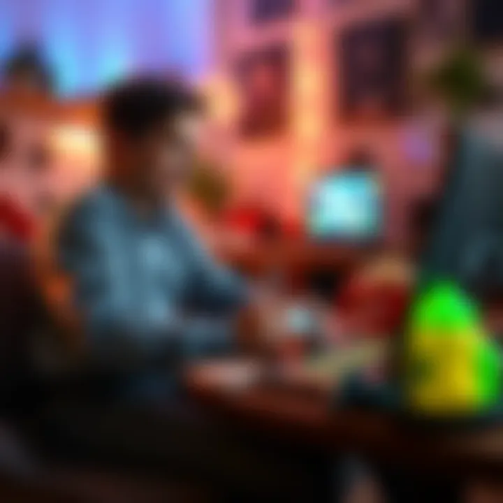 A person playing low spec video games on an old laptop, surrounded by snacks and drinks, looking engaged and entertained.