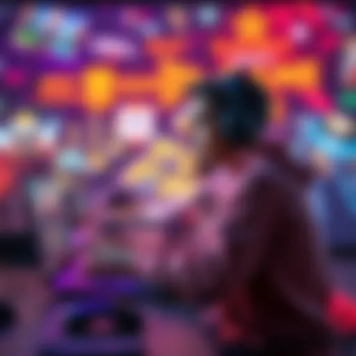 Low-Spec Laptop Games A gamer enjoying low-spec games on a laptop, with colorful game graphics in the background.