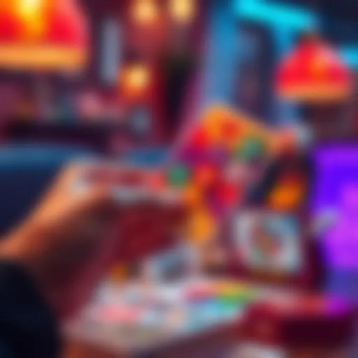 A hand holding a colorful game card with various symbols on it, representing different strategies in a tabletop game setting.