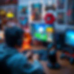 A person playing video games on a low-end PC with older games on the screen, surrounded by community art and gaming merchandise.