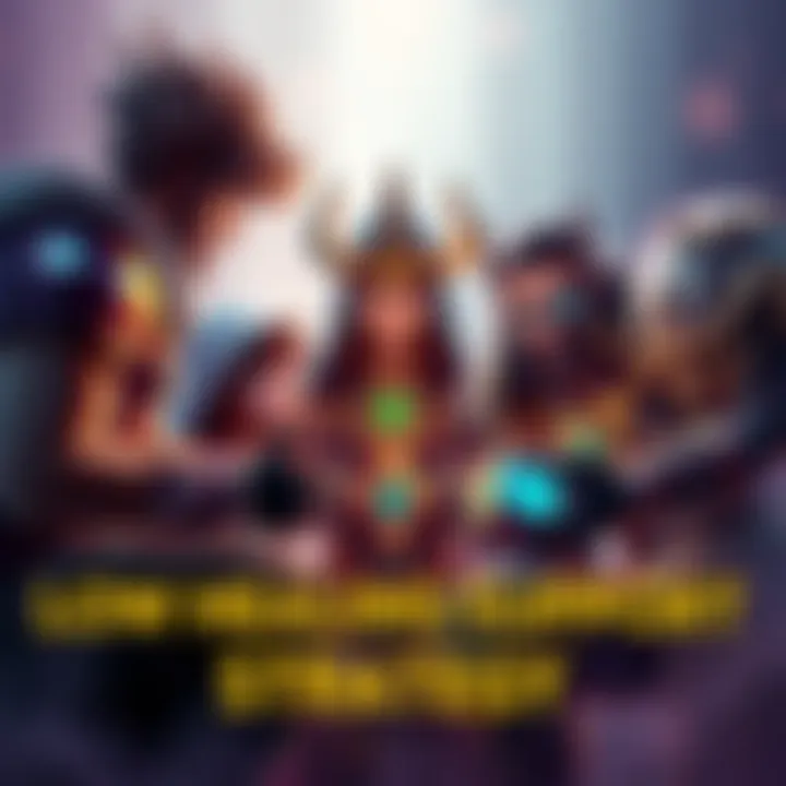Low Healing Support Strategy A team of characters discussing strategies for low healing support in 6v6 gameplay, featuring a healer and a tank hero.