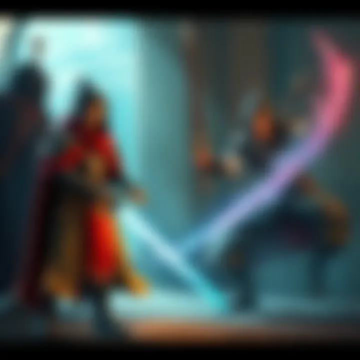 A low-level spell caster stands next to a martial class warrior, comparing their abilities in a fantasy setting.