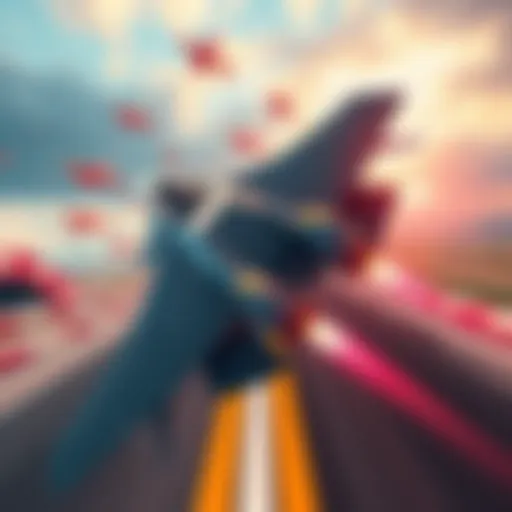 A low poly styled fighter jet soaring through the sky, engaged in a shoot 'em up battle against waves of enemy planes, set against a vibrant runway backdrop.