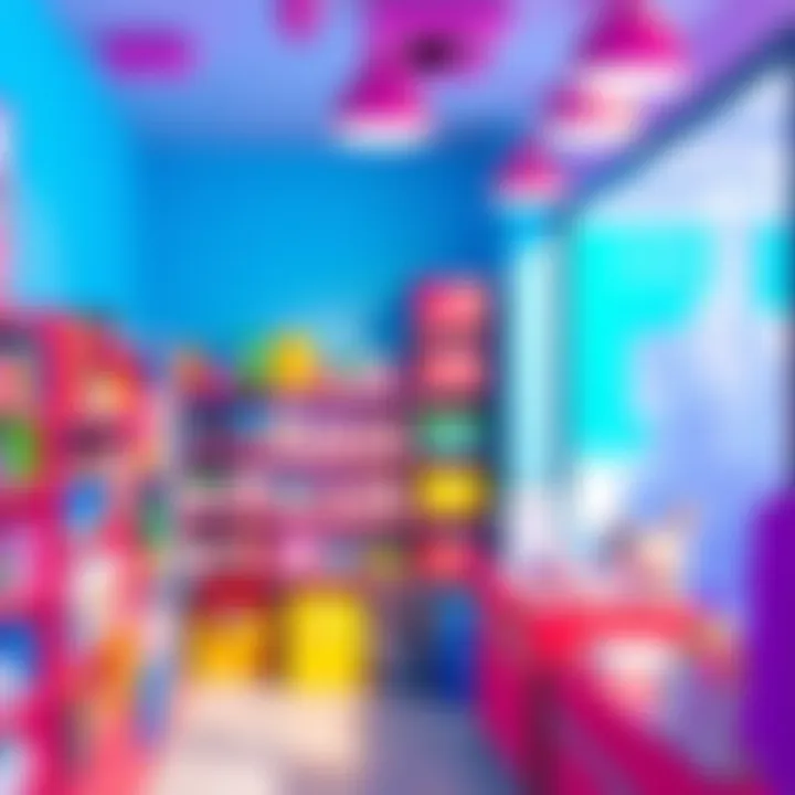 A colorful low poly shop interior with shelves stocked with various items and a simple cash register.
