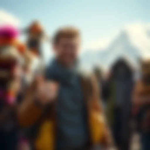 A traveler shows off a 0 power Wilderflight guardian with a smile, surrounded by other quirky guardians. Lighthearted vibes fill the scene as people share their finds.