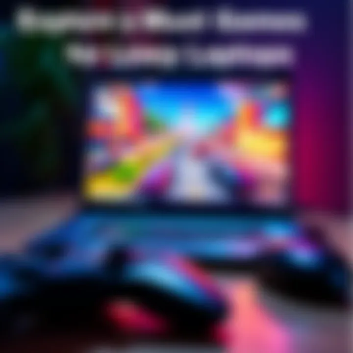 A low-spec laptop displaying colorful game graphics on the screen with a gaming controller beside it