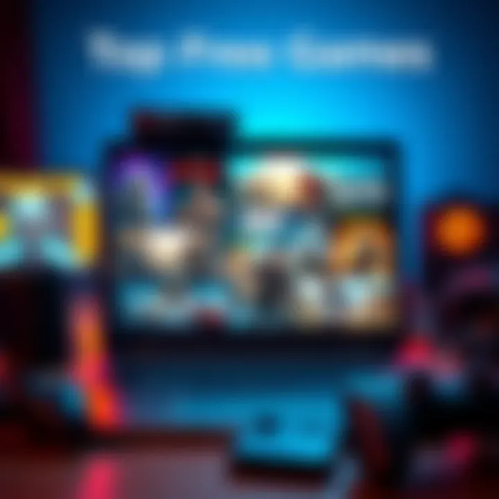 A low-spec laptop displaying various free games on the screen, surrounded by gaming accessories.