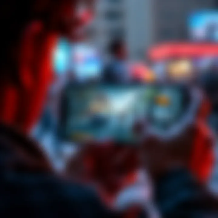 A person intently playing Call of Duty Mobile on a low-spec smartphone, showing a gameplay screen and device details.