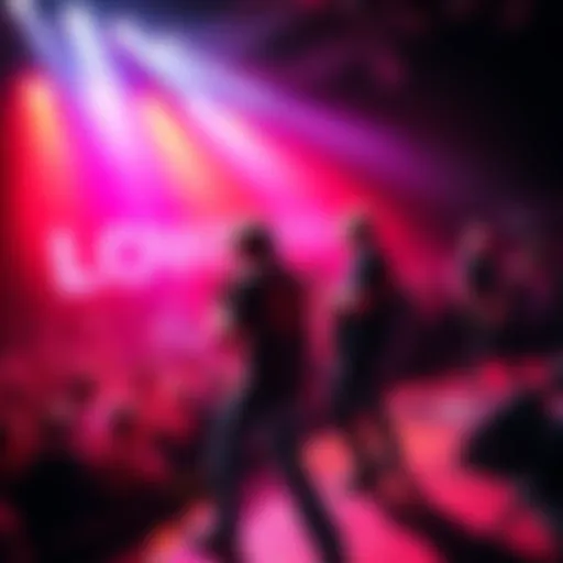 Lowkirkenuinely performing on stage, energetic crowd in the background, band members passionately playing instruments