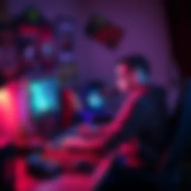 LowTierGod sitting at a gaming desk with a microphone and computer, reflecting on his streaming career, surrounded by gaming memorabilia.