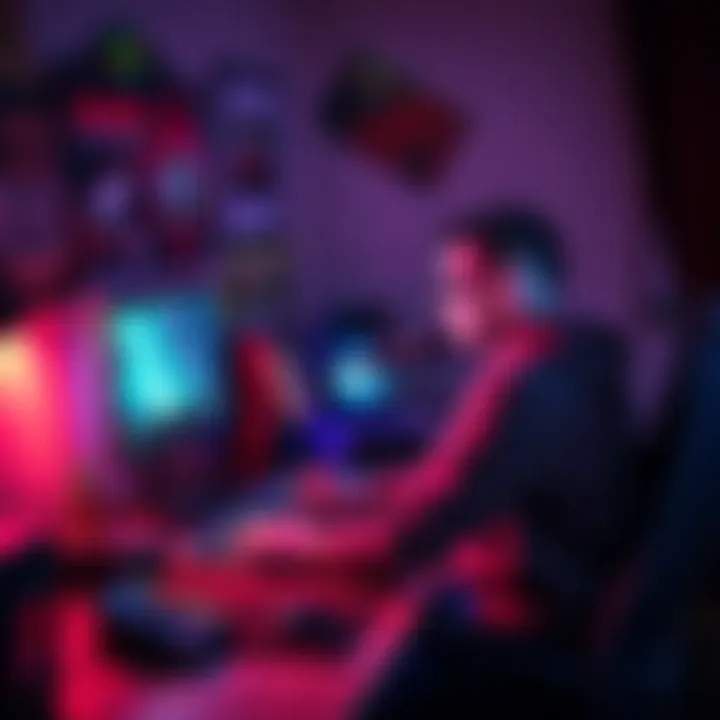 LowTierGod sitting at a gaming desk with a microphone and computer, reflecting on his streaming career, surrounded by gaming memorabilia.