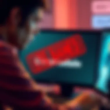 A person looking frustrated while reading about LTG's ban on a computer screen with the Doomsdale logo visible